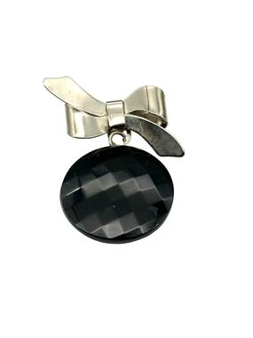 Vintage Bow Brooch with Dangling Black Faceted Glass Circle, Graceful Lapel Pin